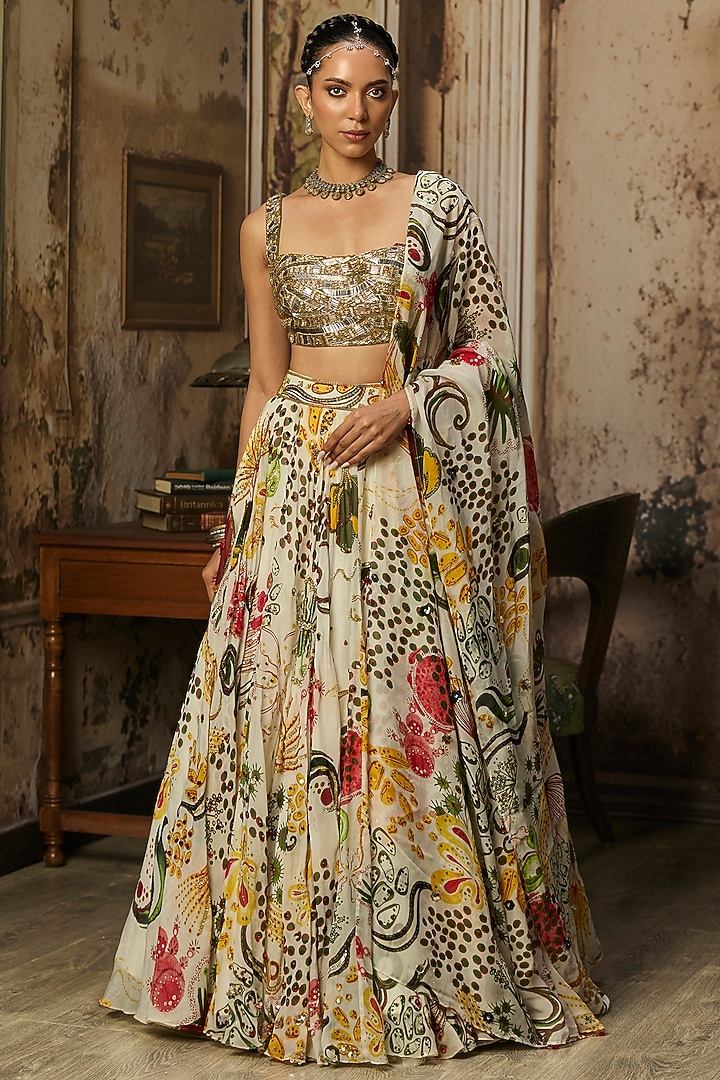 Ivory Organza Coral Veil Printed Wedding Lehenga Set by DiyaRajvvir at Pernia's Pop Up Shop