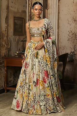 Ivory Organza Coral Veil Printed Lehenga Set by DiyaRajvvir