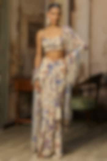 Ivory Crepe Featherfall Printed Draped Skirt Set by DiyaRajvvir at Pernia's Pop Up Shop