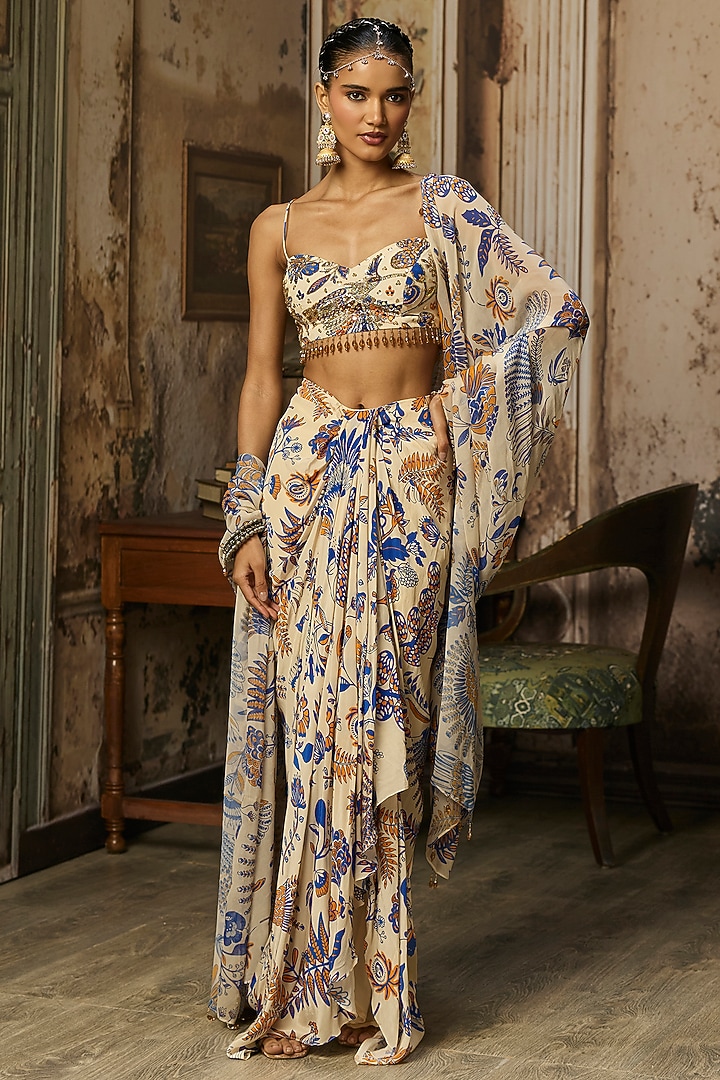 Ivory Crepe Featherfall Printed Draped Skirt Set by DiyaRajvvir at Pernia's Pop Up Shop