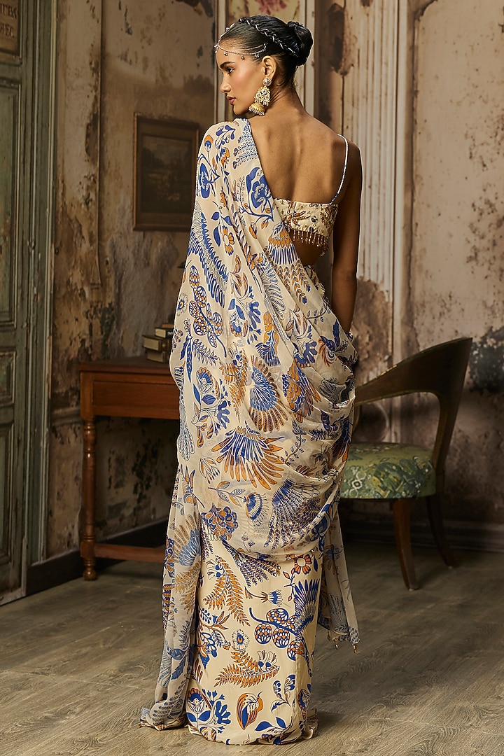 Ivory Crepe Featherfall Printed Draped Skirt Set by DiyaRajvvir at Pernia's Pop Up Shop