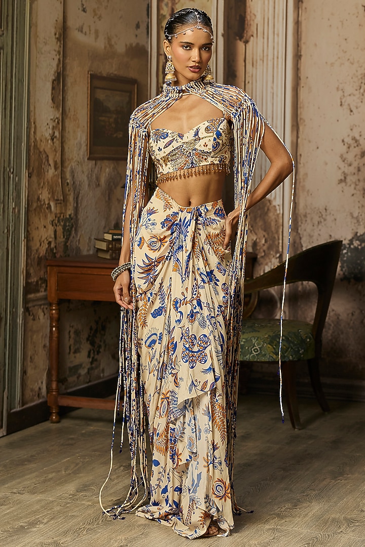 Ivory Crepe Featherfall Printed Draped Skirt Set by DiyaRajvvir at Pernia's Pop Up Shop