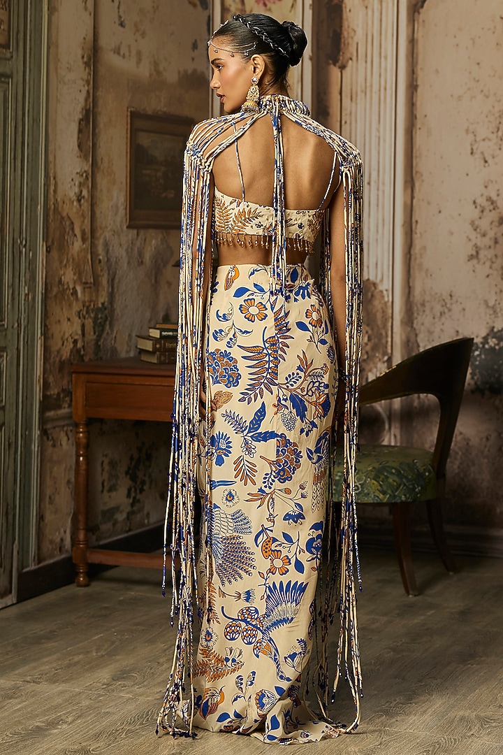 Ivory Crepe Featherfall Printed Draped Skirt Set by DiyaRajvvir at Pernia's Pop Up Shop