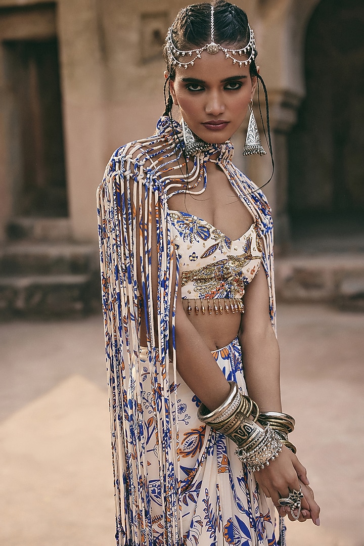 Ivory Crepe Featherfall Printed Draped Skirt Set by DiyaRajvvir at Pernia's Pop Up Shop