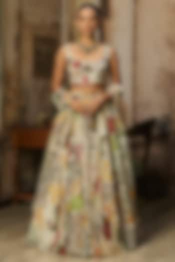 Ivory Georgette Coral Veil Printed Wedding Lehenga Set by DiyaRajvvir at Pernia's Pop Up Shop