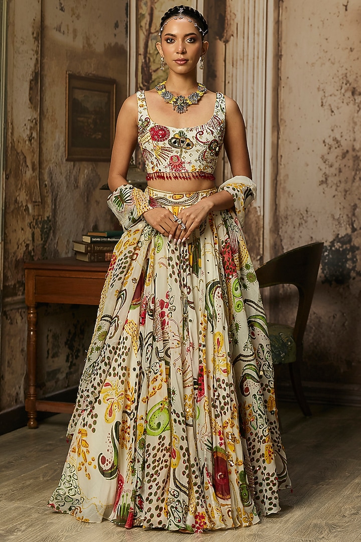 Ivory Georgette Coral Veil Printed Wedding Lehenga Set by DiyaRajvvir at Pernia's Pop Up Shop