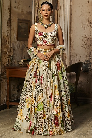 Ivory Organza Coral Veil Printed Lehenga Set by DiyaRajvvir
