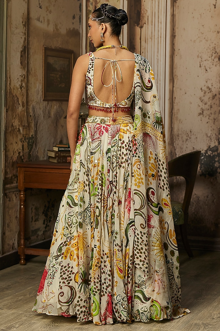 Ivory Organza Coral Veil Printed Wedding Lehenga Set by DiyaRajvvir at Pernia's Pop Up Shop