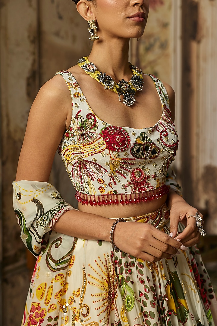 Ivory Organza Coral Veil Printed Wedding Lehenga Set by DiyaRajvvir at Pernia's Pop Up Shop