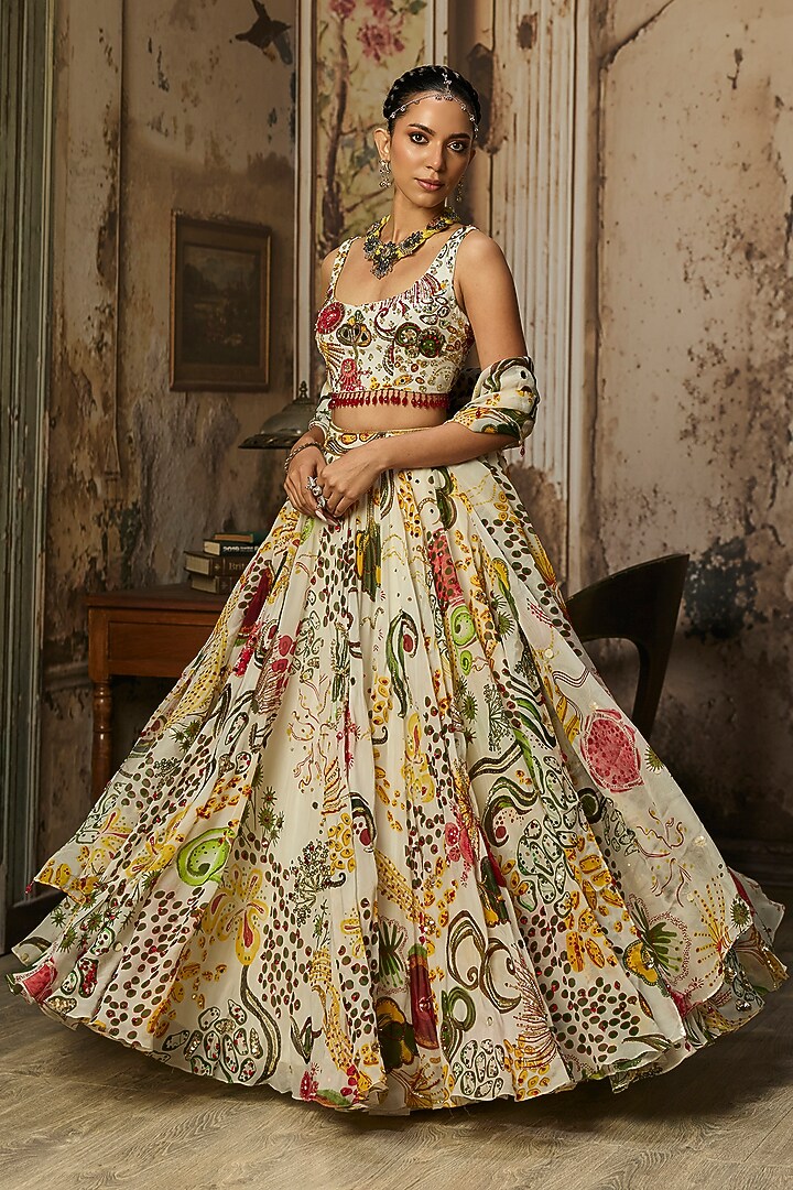 Ivory Organza Coral Veil Printed Wedding Lehenga Set by DiyaRajvvir at Pernia's Pop Up Shop