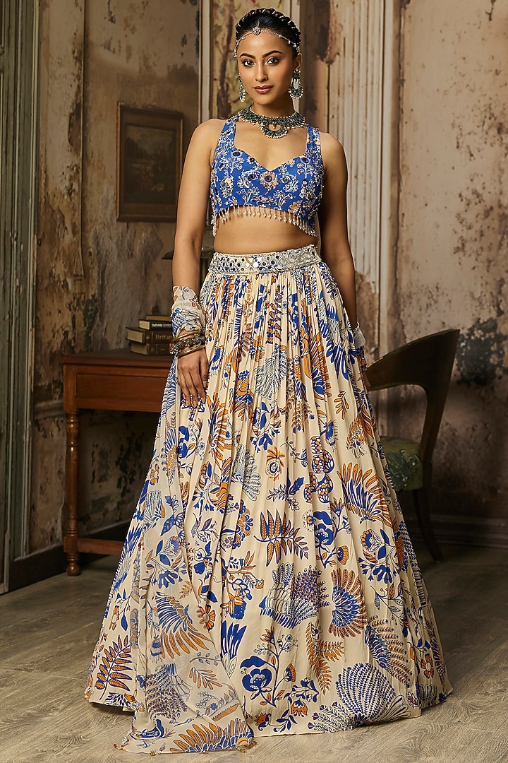 Ivory Georgette Coral Veil Printed Wedding Lehenga Set by DiyaRajvvir at Pernia's Pop Up Shop