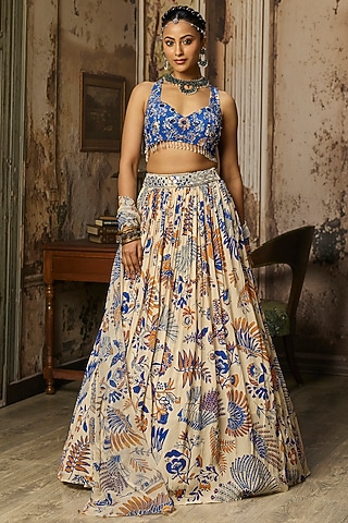 Ivory Georgette Coral Veil Printed Lehenga Set by DiyaRajvvir