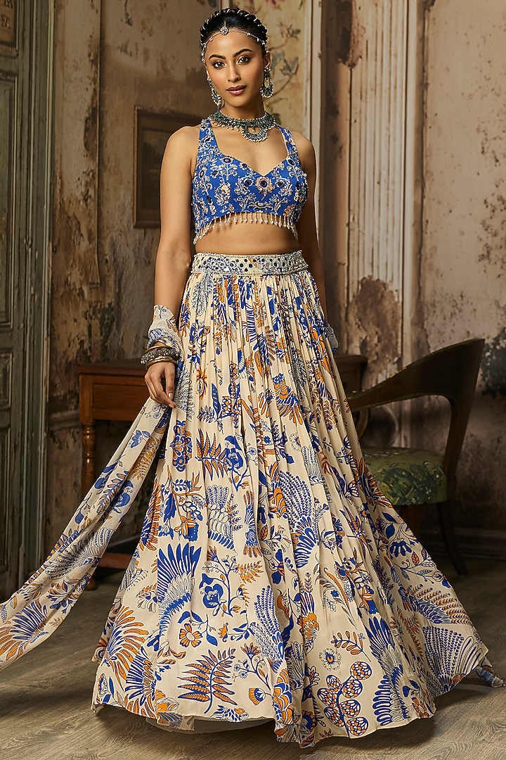 Ivory Georgette Coral Veil Printed Wedding Lehenga Set by DiyaRajvvir at Pernia's Pop Up Shop