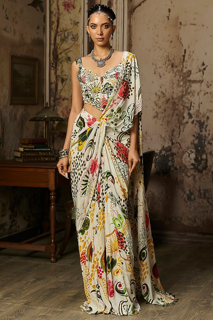 Ivory Crepe Coral Veil Printed Dhoti Skirt Wedding Saree Set by DiyaRajvvir at Pernia's Pop Up Shop