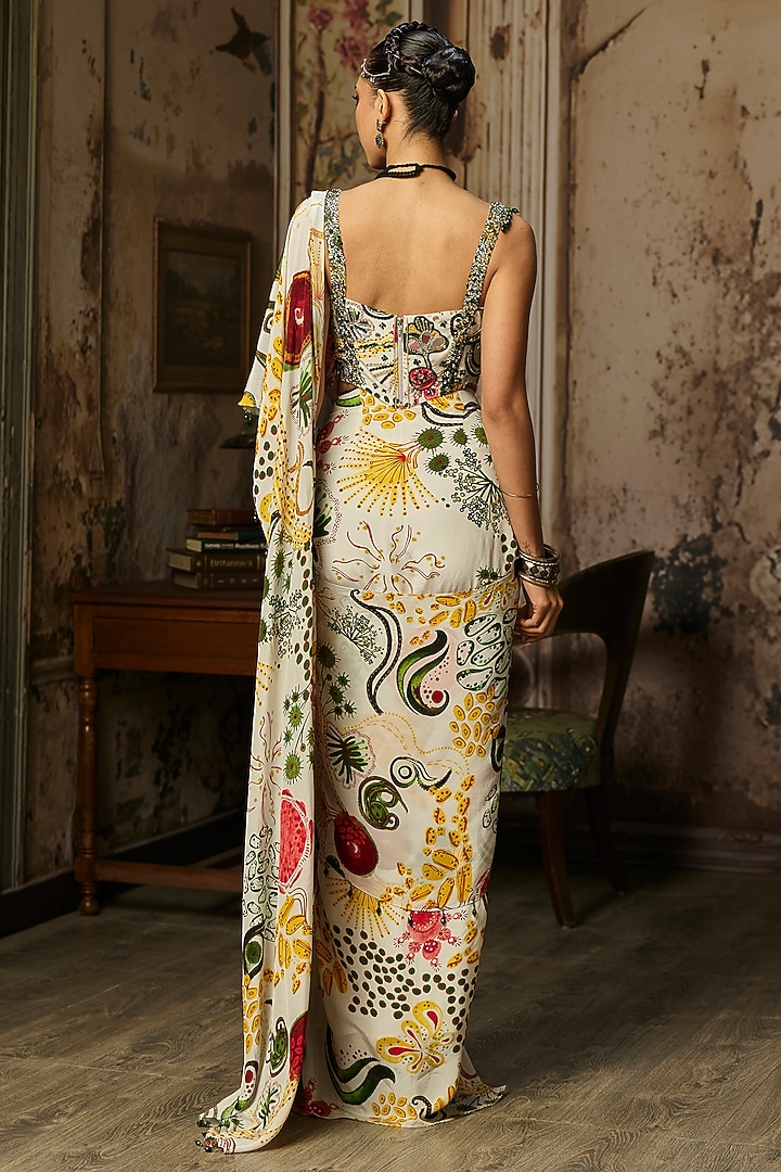 Ivory Crepe Coral Veil Printed Dhoti Skirt Wedding Saree Set by DiyaRajvvir at Pernia's Pop Up Shop