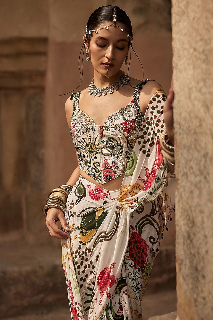 Ivory Crepe Coral Veil Printed Dhoti Skirt Wedding Saree Set by DiyaRajvvir at Pernia's Pop Up Shop