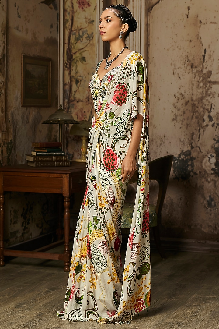 Ivory Crepe Coral Veil Printed Dhoti Skirt Wedding Saree Set by DiyaRajvvir at Pernia's Pop Up Shop