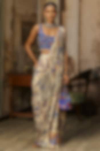 Ivory Crepe Featherfall Printed Draped Sharara Wedding Saree Set by DiyaRajvvir at Pernia's Pop Up Shop