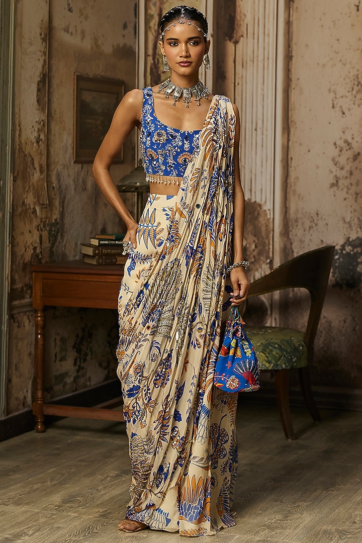 Ivory Crepe Featherfall Printed Draped Sharara Wedding Saree Set by DiyaRajvvir at Pernia's Pop Up Shop