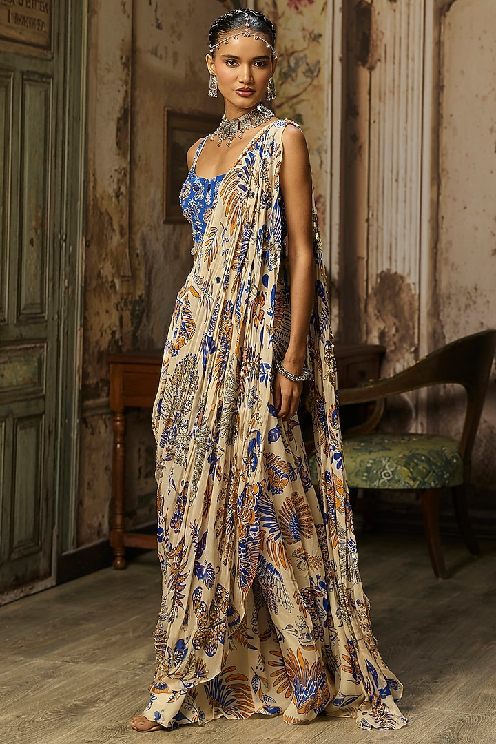 Ivory Crepe Featherfall Printed Draped Sharara Wedding Saree Set by DiyaRajvvir at Pernia's Pop Up Shop