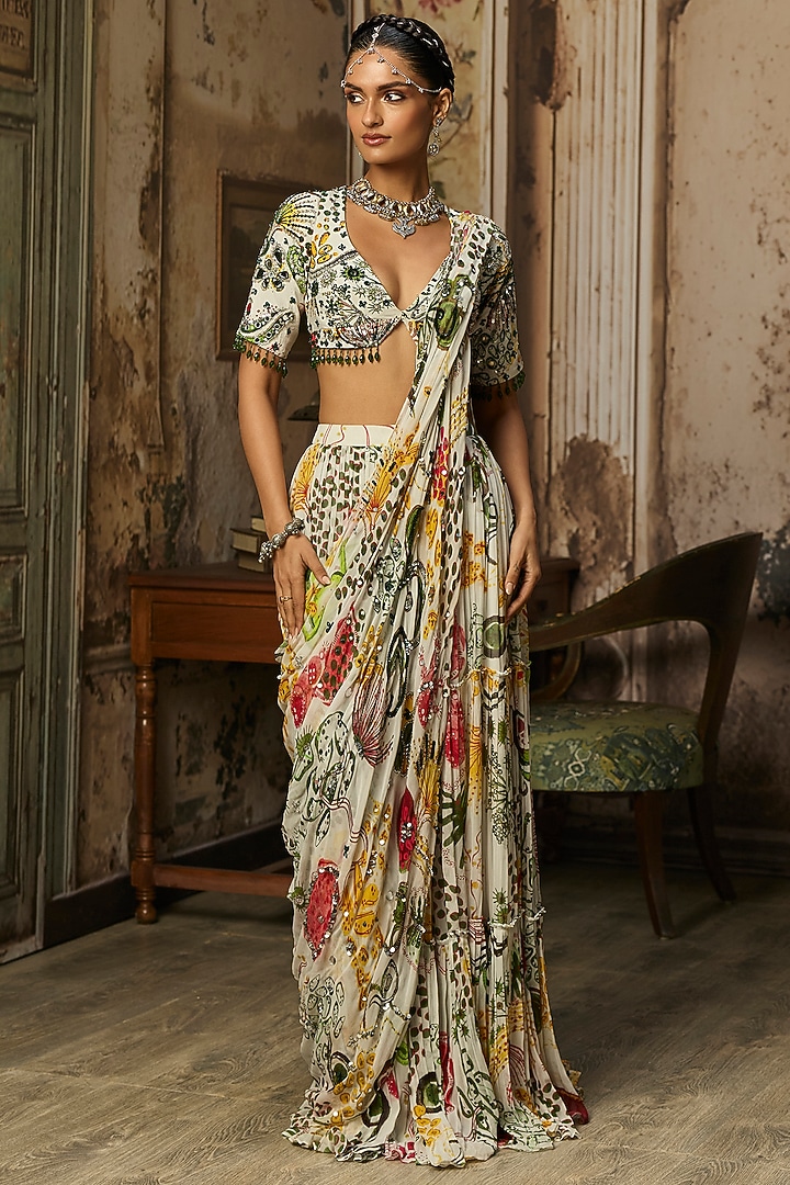 Ivory Crepe Coral Veil Printed Draped Skirt Wedding Saree Set by DiyaRajvvir at Pernia's Pop Up Shop