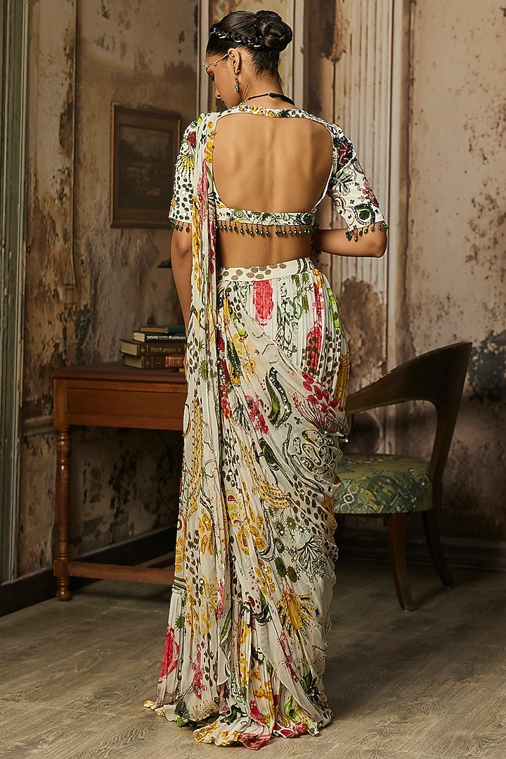 Ivory Crepe Coral Veil Printed Draped Skirt Wedding Saree Set by DiyaRajvvir at Pernia's Pop Up Shop