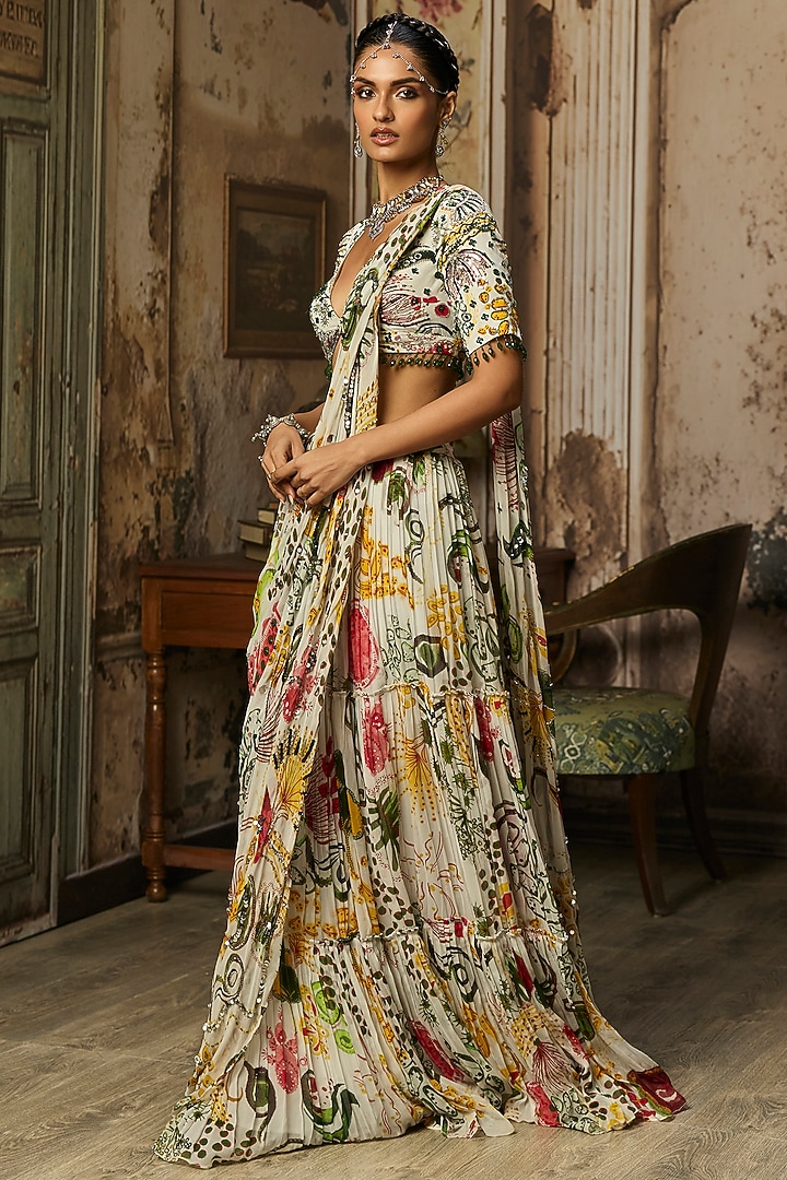 Ivory Crepe Coral Veil Printed Draped Skirt Wedding Saree Set by DiyaRajvvir at Pernia's Pop Up Shop