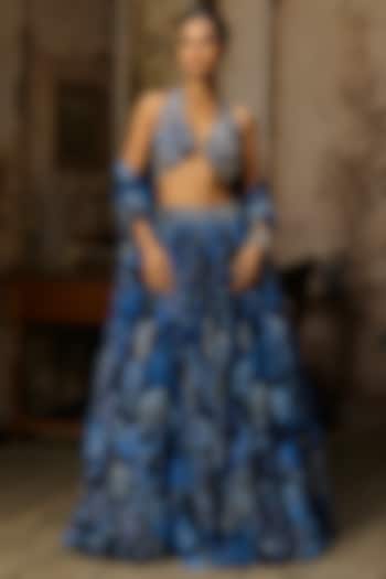 Navy Blue Crepe Coral Veil Printed Wedding Lehenga Set by DiyaRajvvir at Pernia's Pop Up Shop