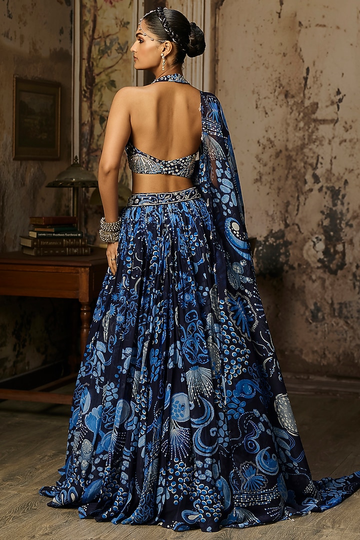 Navy Blue Crepe Coral Veil Printed Wedding Lehenga Set by DiyaRajvvir at Pernia's Pop Up Shop
