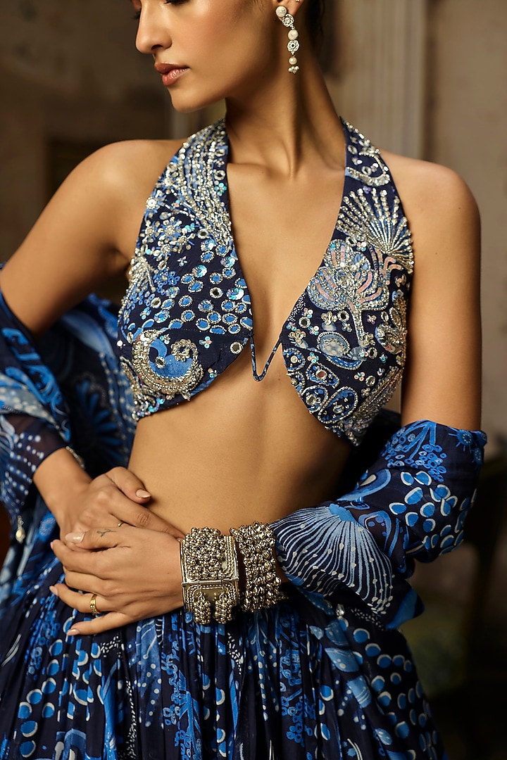 Navy Blue Crepe Coral Veil Printed Wedding Lehenga Set by DiyaRajvvir at Pernia's Pop Up Shop