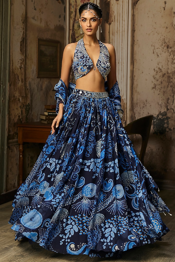 Navy Blue Crepe Coral Veil Printed Wedding Lehenga Set by DiyaRajvvir at Pernia's Pop Up Shop