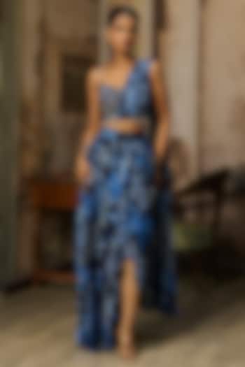 Navy Blue Crepe Coral Veil Printed Dhoti Skirt Wedding Saree Set by DiyaRajvvir at Pernia's Pop Up Shop