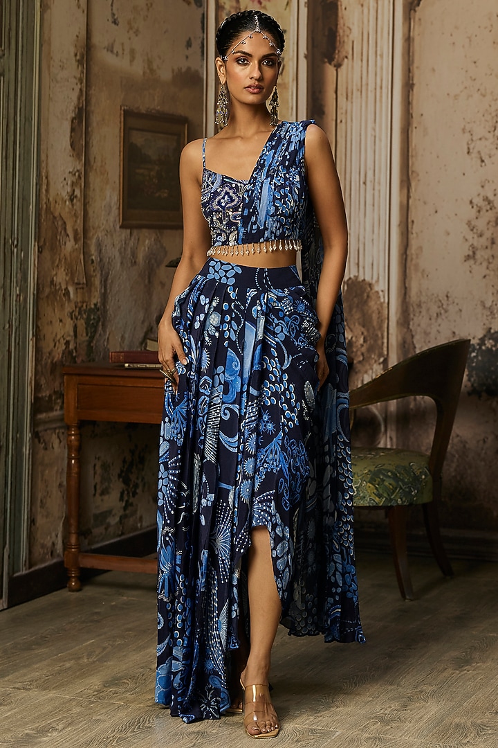 Navy Blue Crepe Coral Veil Printed Dhoti Skirt Wedding Saree Set by DiyaRajvvir at Pernia's Pop Up Shop