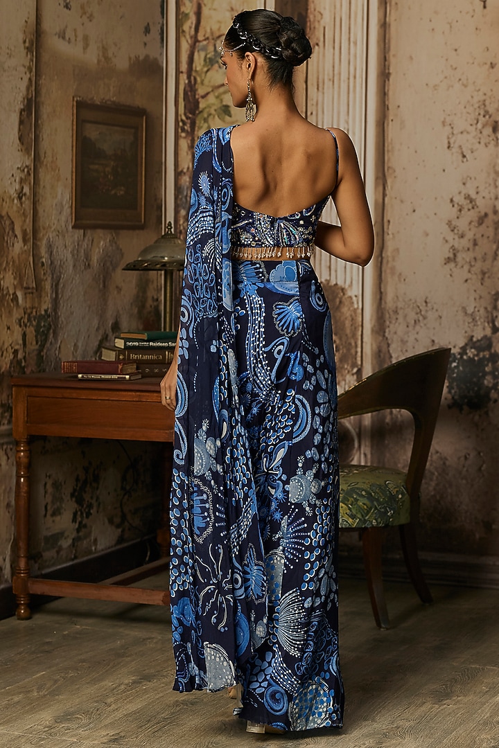 Navy Blue Crepe Coral Veil Printed Dhoti Skirt Wedding Saree Set by DiyaRajvvir at Pernia's Pop Up Shop