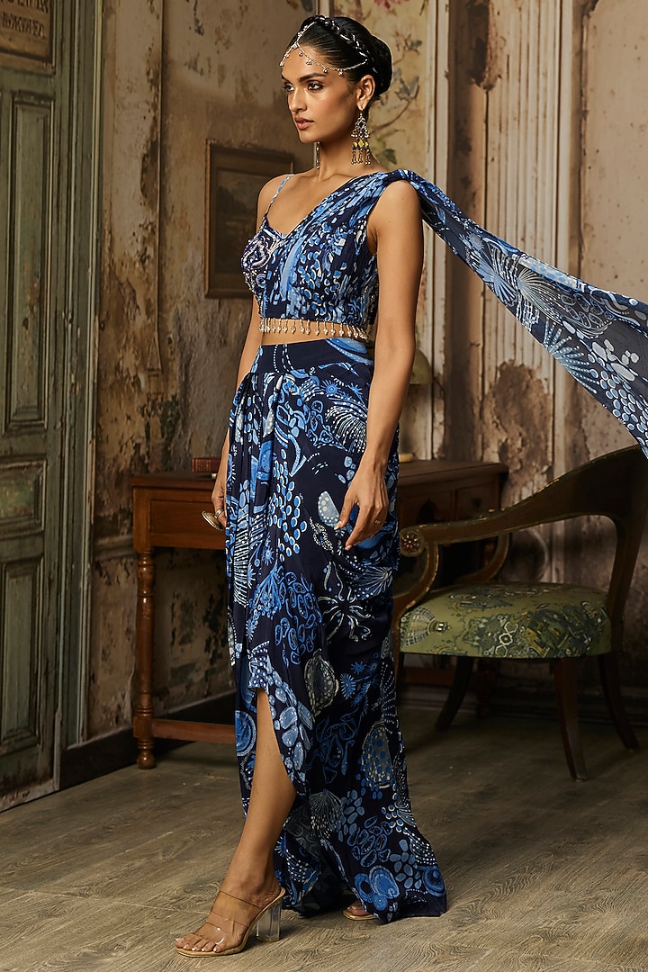 Navy Blue Crepe Coral Veil Printed Dhoti Skirt Wedding Saree Set by DiyaRajvvir at Pernia's Pop Up Shop