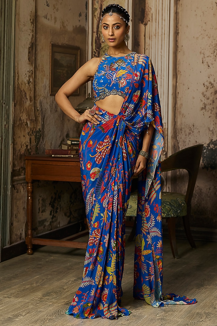 Electric Blue Crepe Featherfall Printed Dhoti Skirt Wedding Saree Set by DiyaRajvvir at Pernia's Pop Up Shop