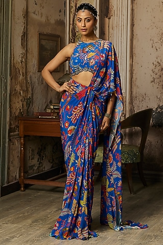 Electric Blue Crepe Featherfall Printed Dhoti Skirt Saree Set by DiyaRajvvir
