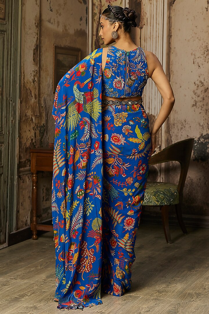 Electric Blue Crepe Featherfall Printed Dhoti Skirt Wedding Saree Set by DiyaRajvvir at Pernia's Pop Up Shop