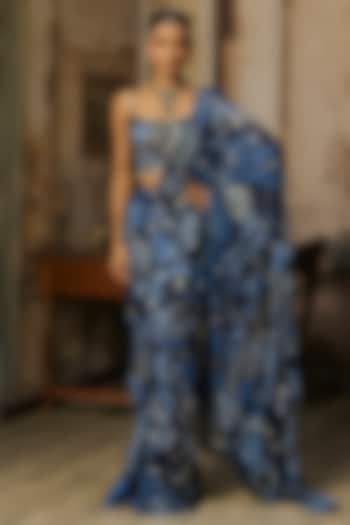 Navy Blue Crepe Featherfall Printed Draped Wedding Saree Set by DiyaRajvvir at Pernia's Pop Up Shop