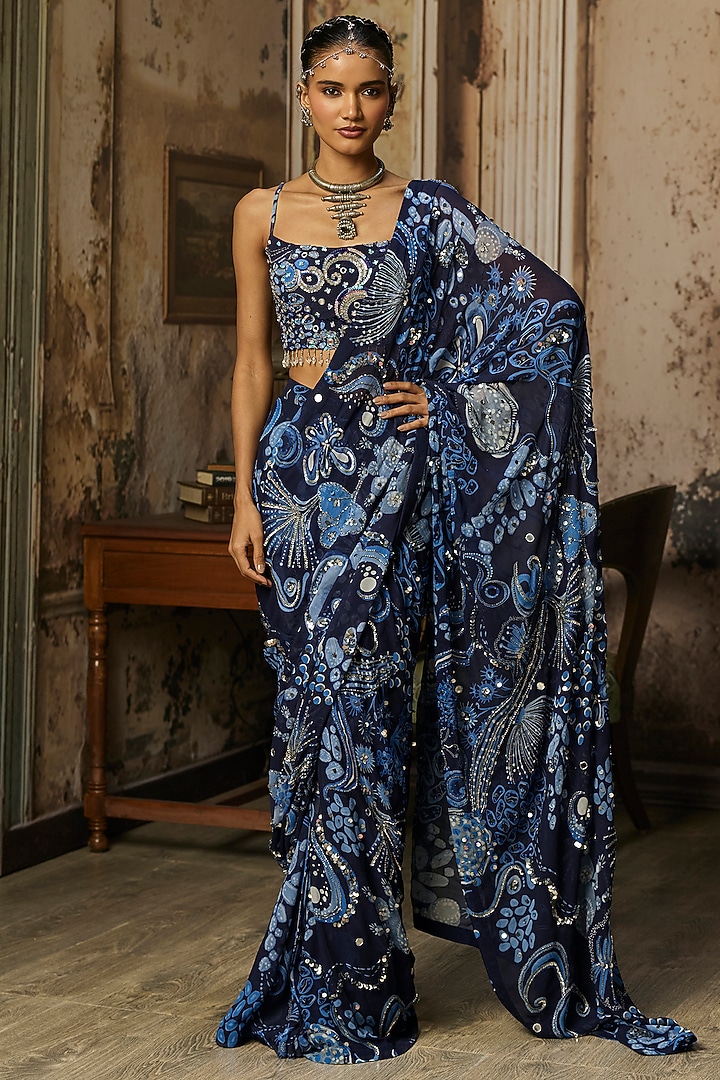 Navy Blue Crepe Featherfall Printed Draped Wedding Saree Set by DiyaRajvvir at Pernia's Pop Up Shop