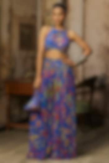 Electric Blue Crepe Featherfall Printed Wedding Sharara Set by DiyaRajvvir at Pernia's Pop Up Shop