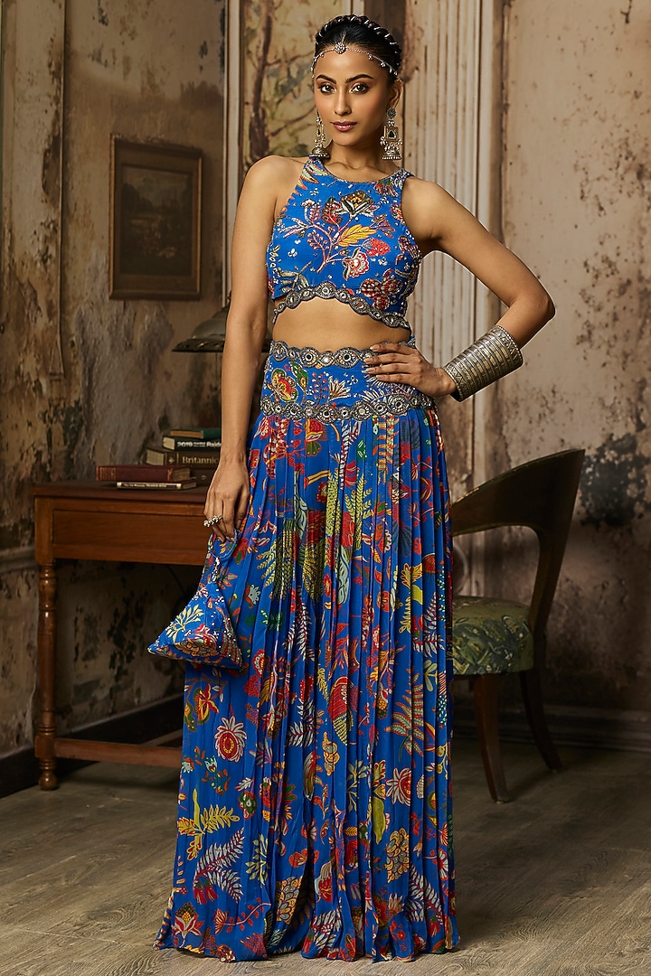 Electric Blue Crepe Featherfall Printed Wedding Sharara Set by DiyaRajvvir at Pernia's Pop Up Shop