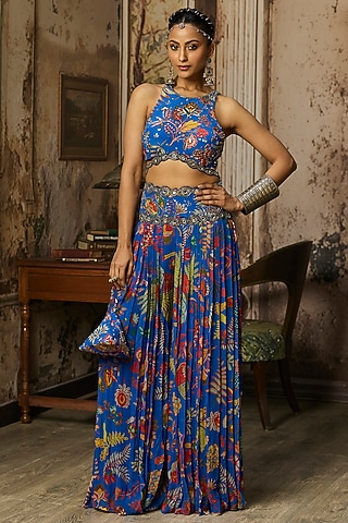 Electric Blue Crepe Featherfall Printed Sharara Set by DiyaRajvvir