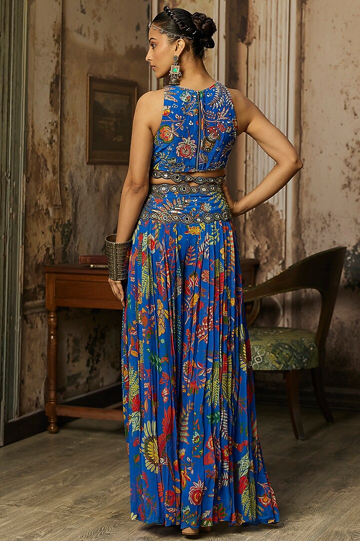 Electric Blue Crepe Featherfall Printed Wedding Sharara Set by DiyaRajvvir at Pernia's Pop Up Shop