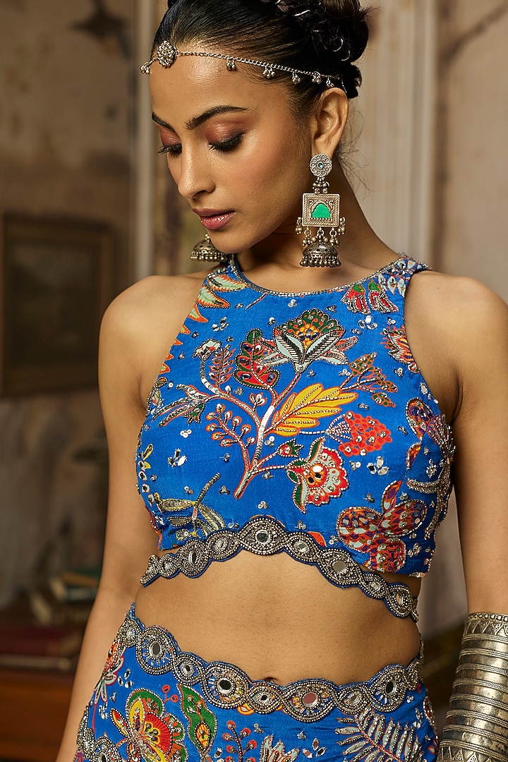 Electric Blue Crepe Featherfall Printed Wedding Sharara Set by DiyaRajvvir at Pernia's Pop Up Shop