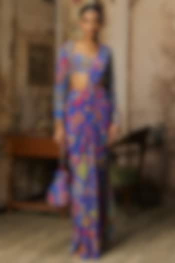 Electric Blue Crepe Featherfall Printed Dhoti Skirt Wedding Saree Set by DiyaRajvvir at Pernia's Pop Up Shop