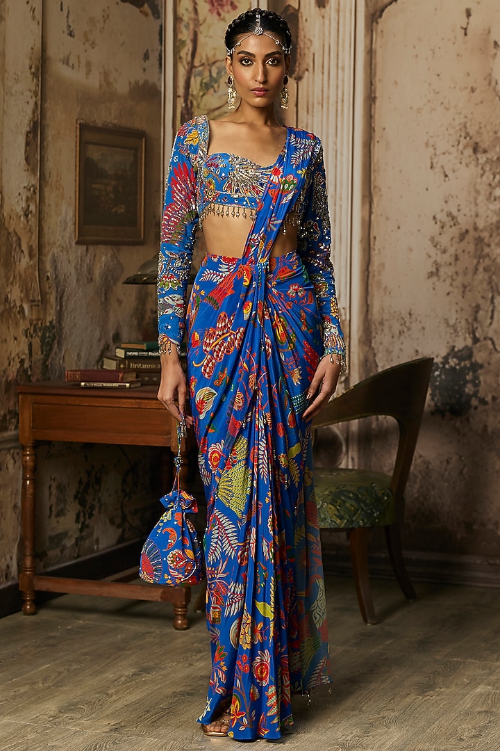 Electric Blue Crepe Featherfall Printed Dhoti Skirt Wedding Saree Set by DiyaRajvvir at Pernia's Pop Up Shop