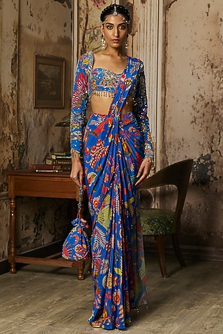 Electric Blue Crepe Featherfall Printed Dhoti Skirt Saree Set by DiyaRajvvir