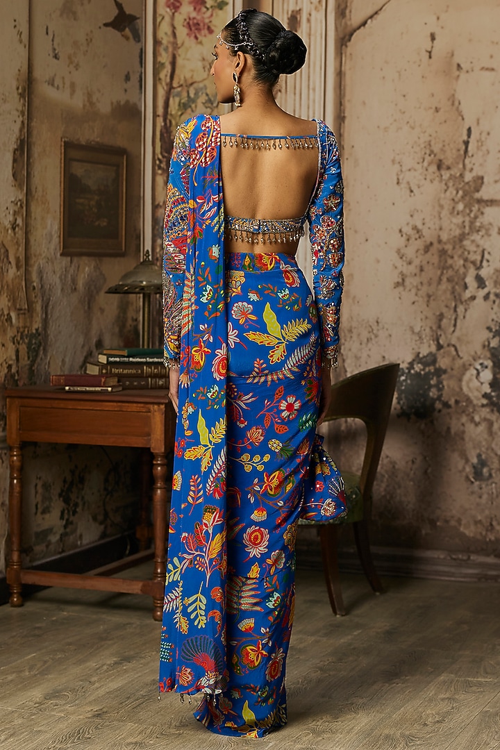 Electric Blue Crepe Featherfall Printed Dhoti Skirt Wedding Saree Set by DiyaRajvvir at Pernia's Pop Up Shop