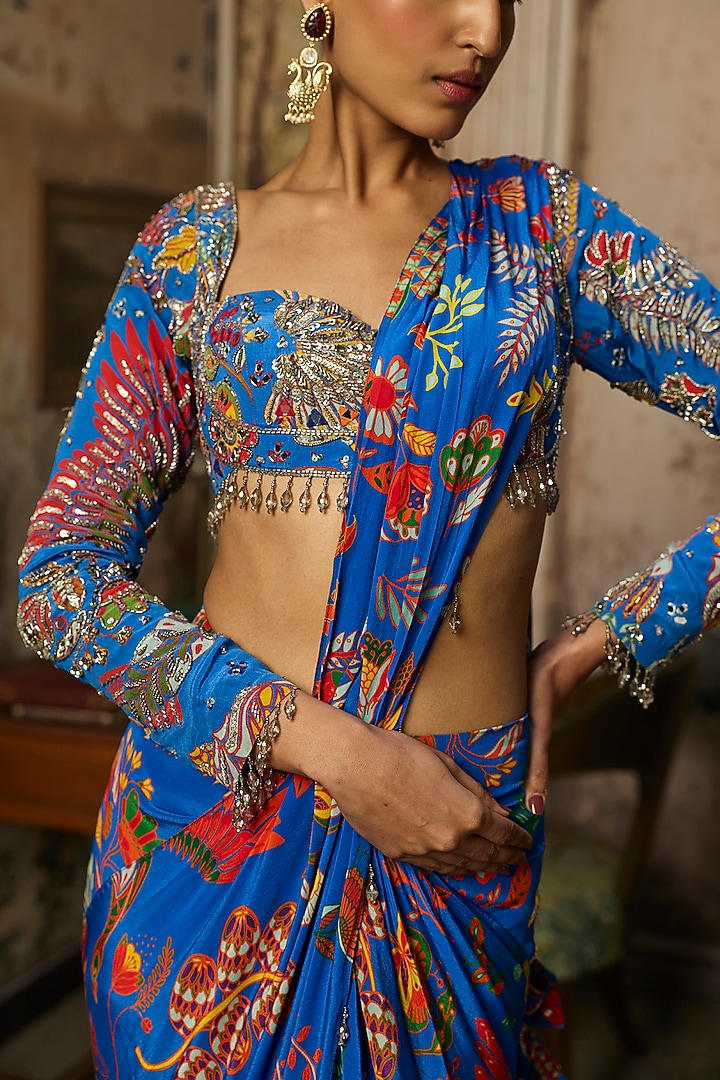 Electric Blue Crepe Featherfall Printed Dhoti Skirt Wedding Saree Set by DiyaRajvvir at Pernia's Pop Up Shop
